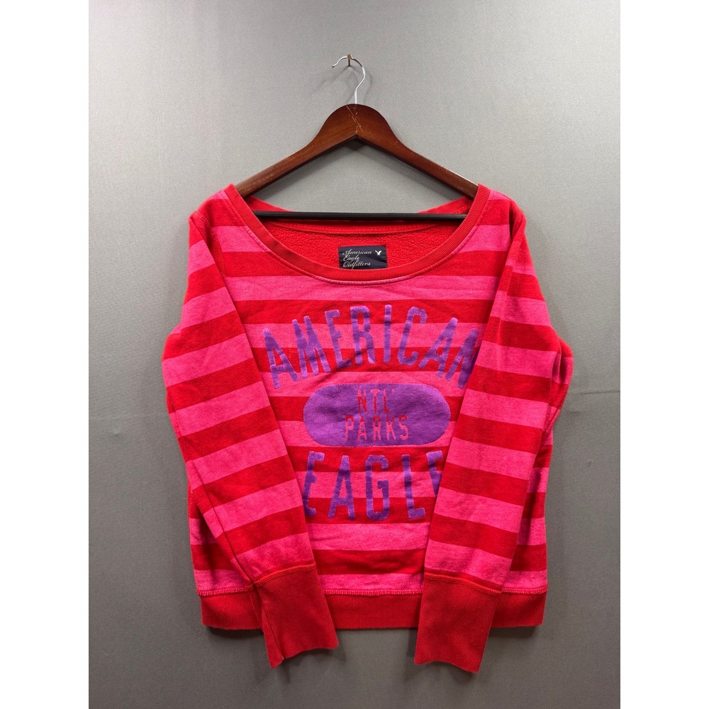 American Eagle Womens Red Pink Striped National Parks Graphic Sweatshirt Medium